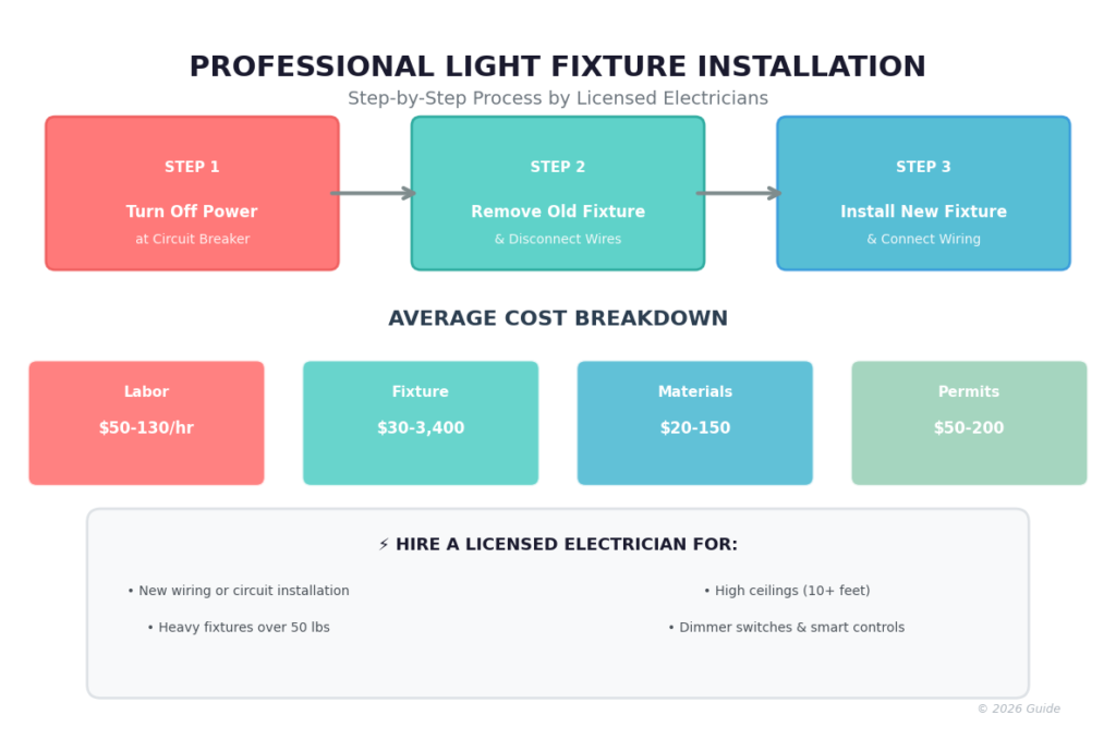 licensed electrician installing a ceiling light fixture showing step by step process with cost breakdown for labor materials and permits