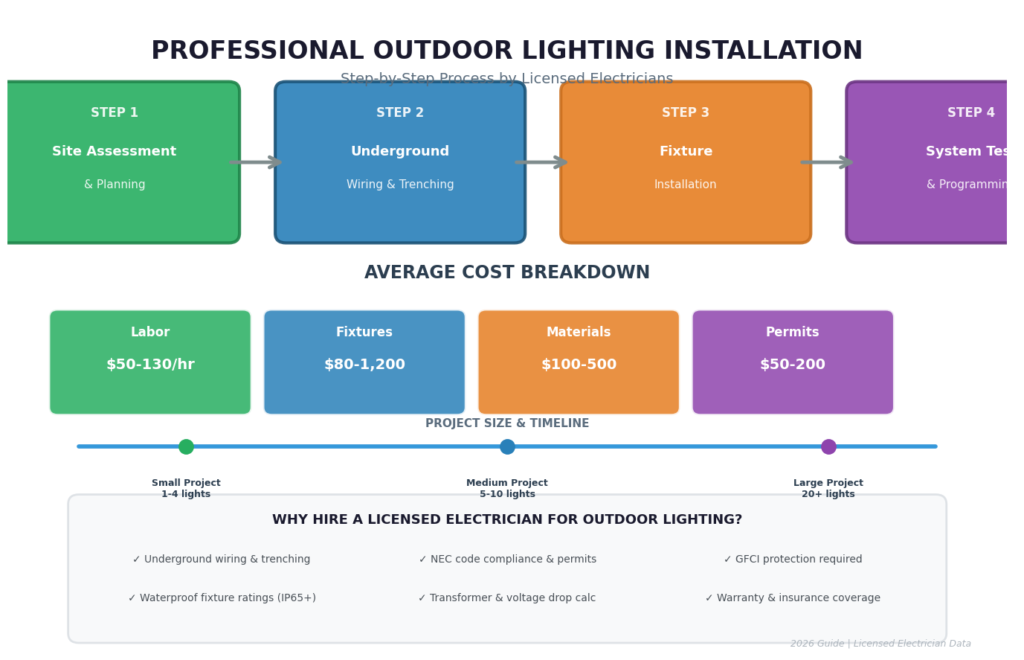 licensed electrician installing outdoor landscape lighting fixtures showing step by step process with cost breakdown for labor fixtures materials and permits