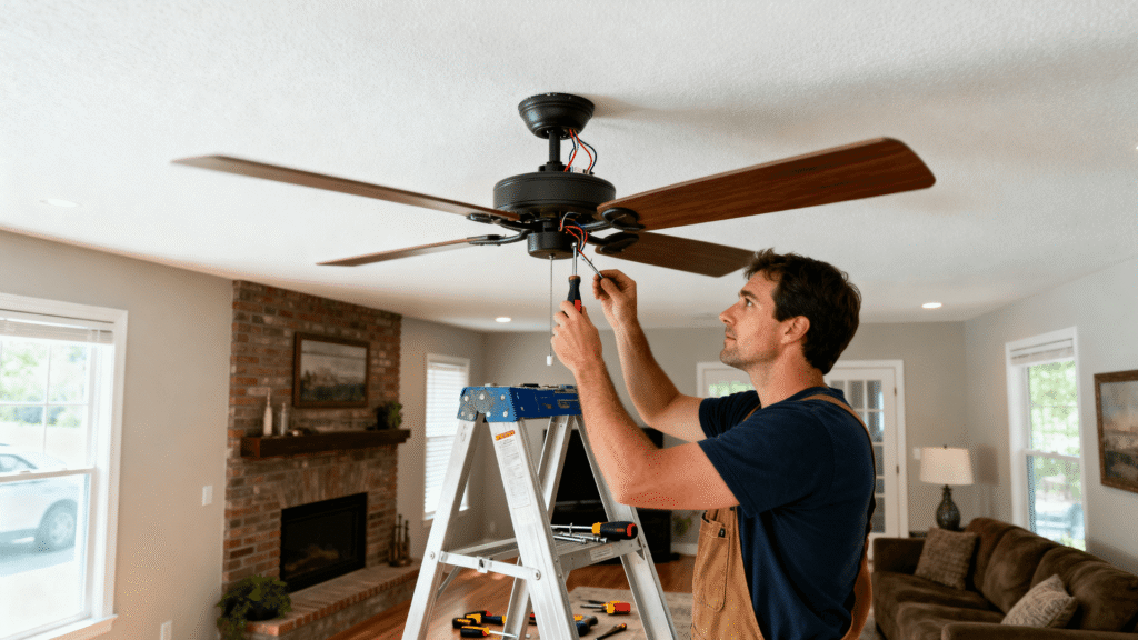 licensed electrician installing ceiling fan showing step by step process with cost breakdown and fan size guide by room square footage