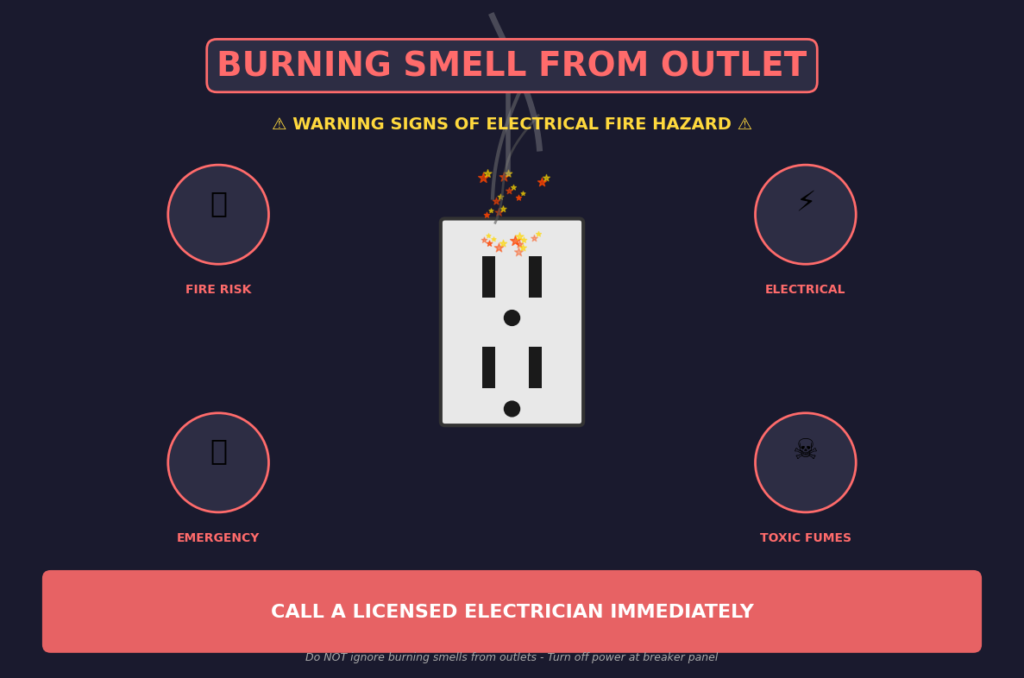 Burning smell from outlet Burning smell from outlet - warning signs of electrical fire hazard infographic