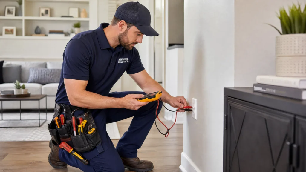 Burning Smell from Outlet with Nothing Plugged In Licensed electrician from Reliant Electricians inspecting a burnt outlet with a multimeter