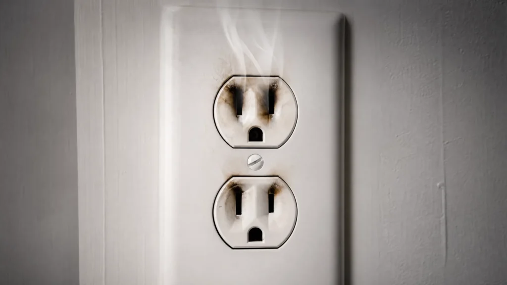 Burning smell from outlet with nothing plugged in showing scorch marks and smoke