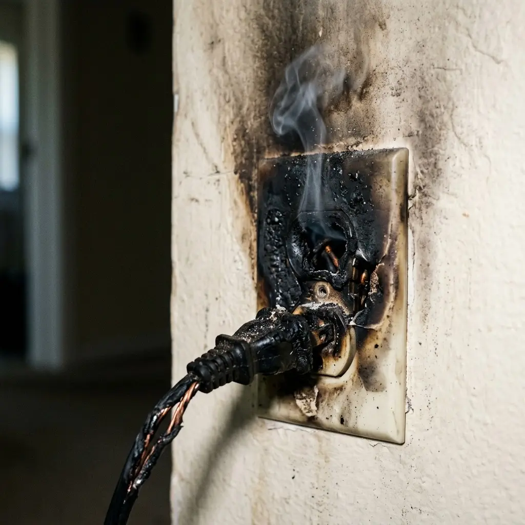 Why Does My Electrical Outlet Smell Like Burning? Your Urgent Guide to Safety (USA Edition) Burning smell from outlet warning signs infographic showing electrical fire hazard risks including fire danger, short circuit, emergency alert, and toxic fumes with a call to call a licensed electrician immediately